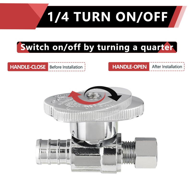 EFIELD (Pack of 4) EFIELD 1/4 Turn Straight Stop Valve 3/8" OD Compression X 1/2" Barb Crimp Pex Chrome Plated Brass,(VALVE085-4PCS) - Image 3